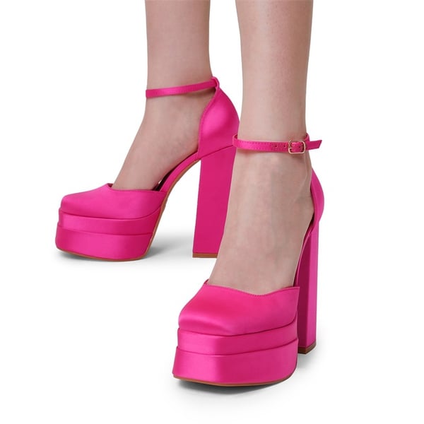 High Chunky Square Toe Ankle Strap Platform Pumps - ROSE RED SATIN - 2